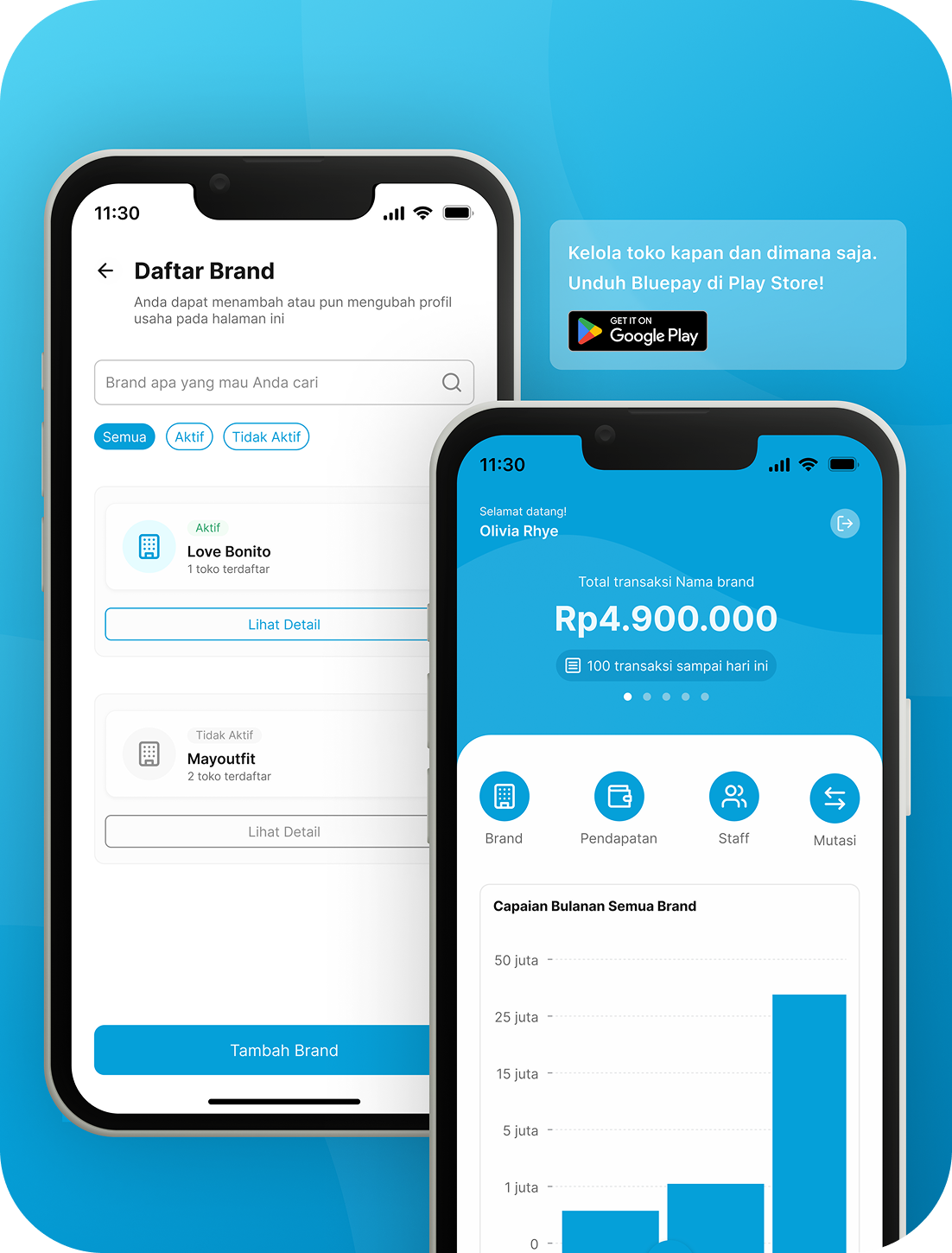 Tampilan Bluepay Merchant App: daftar brand dan dashboard transaksi